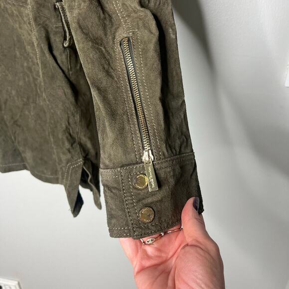 Michael Kors Suede Leather Jacket Vince Coat Full Zip Green *No Belt Large *Flaw - Picture 7 of 13
